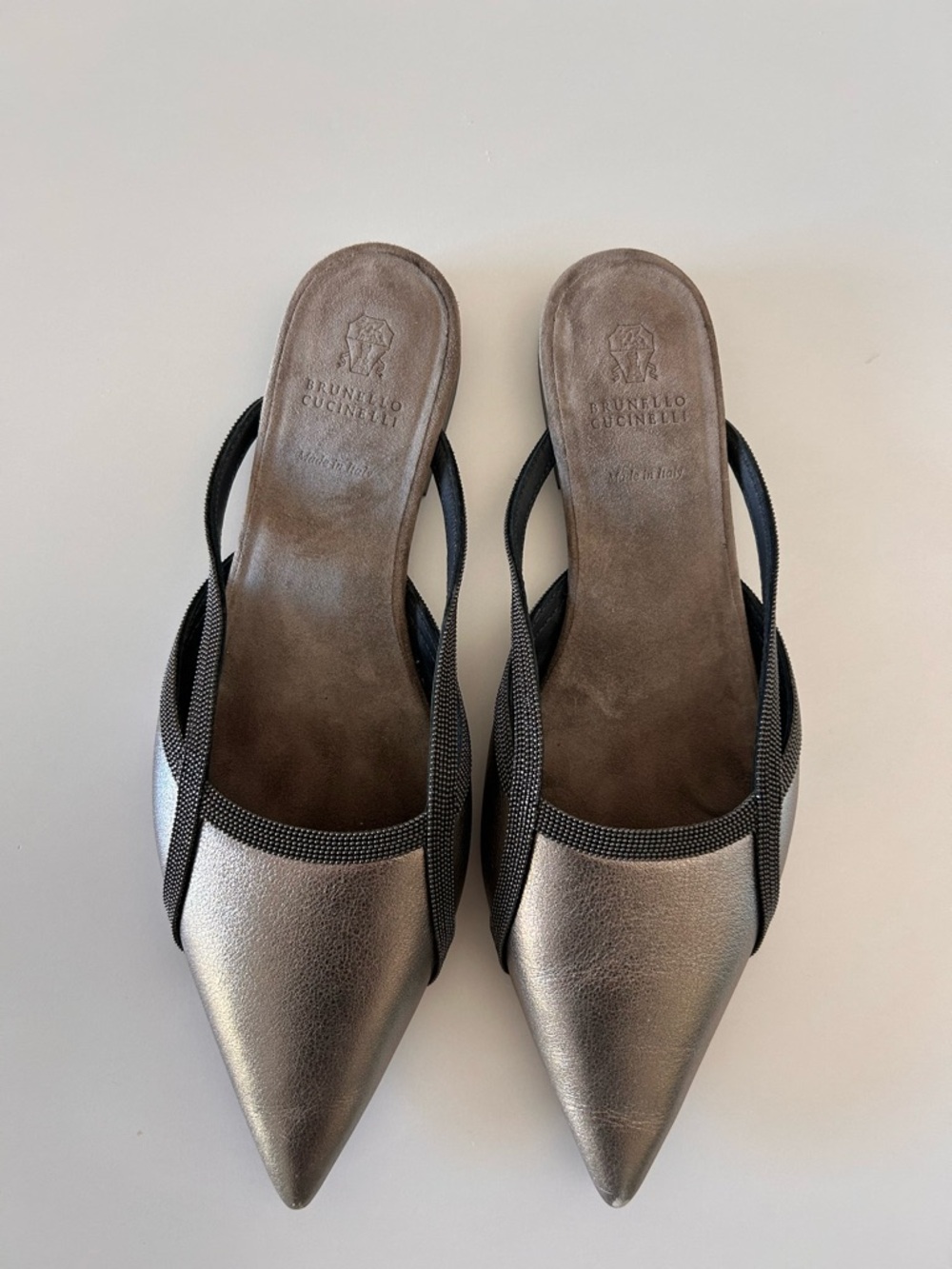 Brunello Cucinelli Silver Black Metallic Monili Flats Mules Slides Shoes